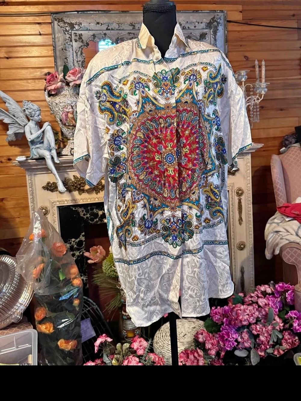 Adrianna Papell White Button-Up Shirt with Multicolor Medallion Print